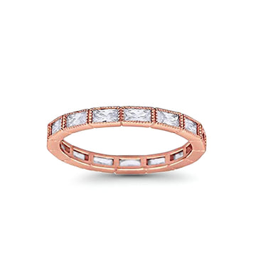 Baguette Full Eternity Wedding Ring Rose Tone, Simulated CZ 925 Sterling Silver